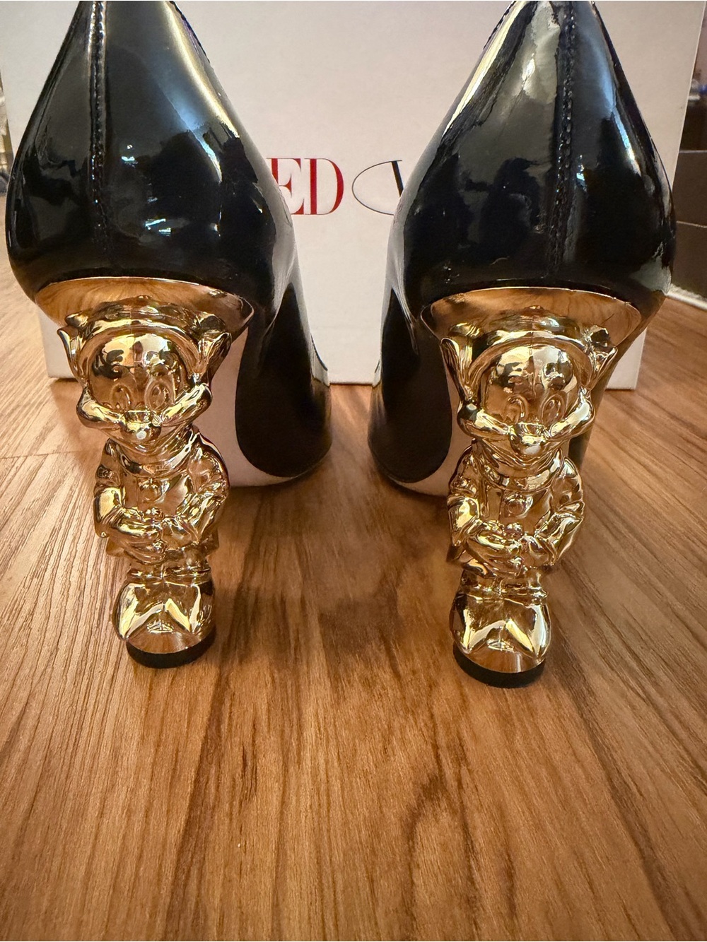 RED Valentino Black Patent Pumps with Gold Sculpted Dopey Character Heels Disney